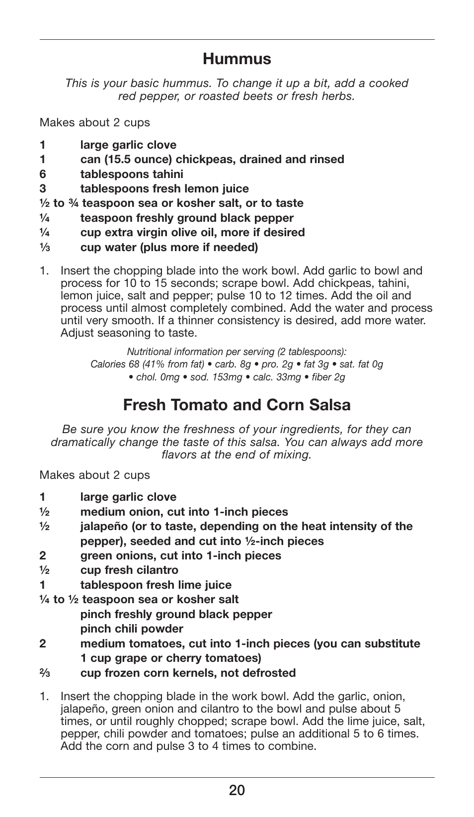 Hummus, Fresh tomato and corn salsa | Cuisinart Smart Stick Power Trio High Torque Hand Blender CSB-80 User Manual | Page 20 / 37