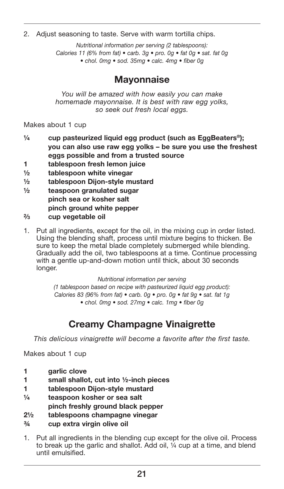 Mayonnaise, Creamy champagne vinaigrette | Cuisinart Smart Stick Power Trio High Torque Hand Blender CSB-80 User Manual | Page 21 / 37