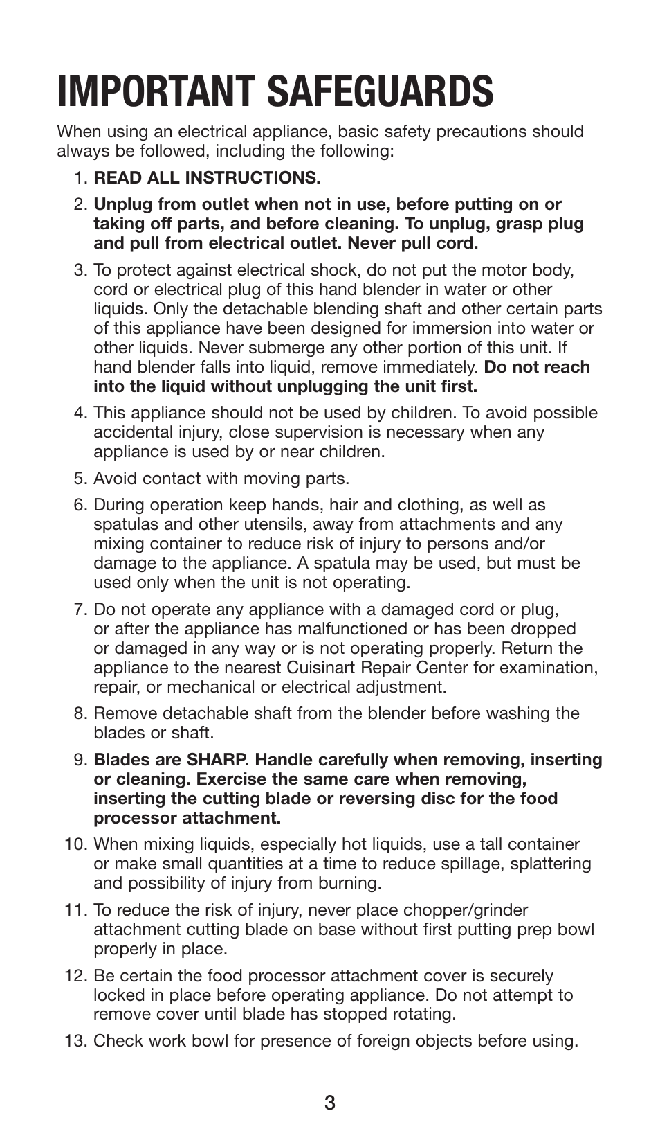 Important safeguards | Cuisinart Smart Stick Power Trio High Torque Hand Blender CSB-80 User Manual | Page 3 / 37