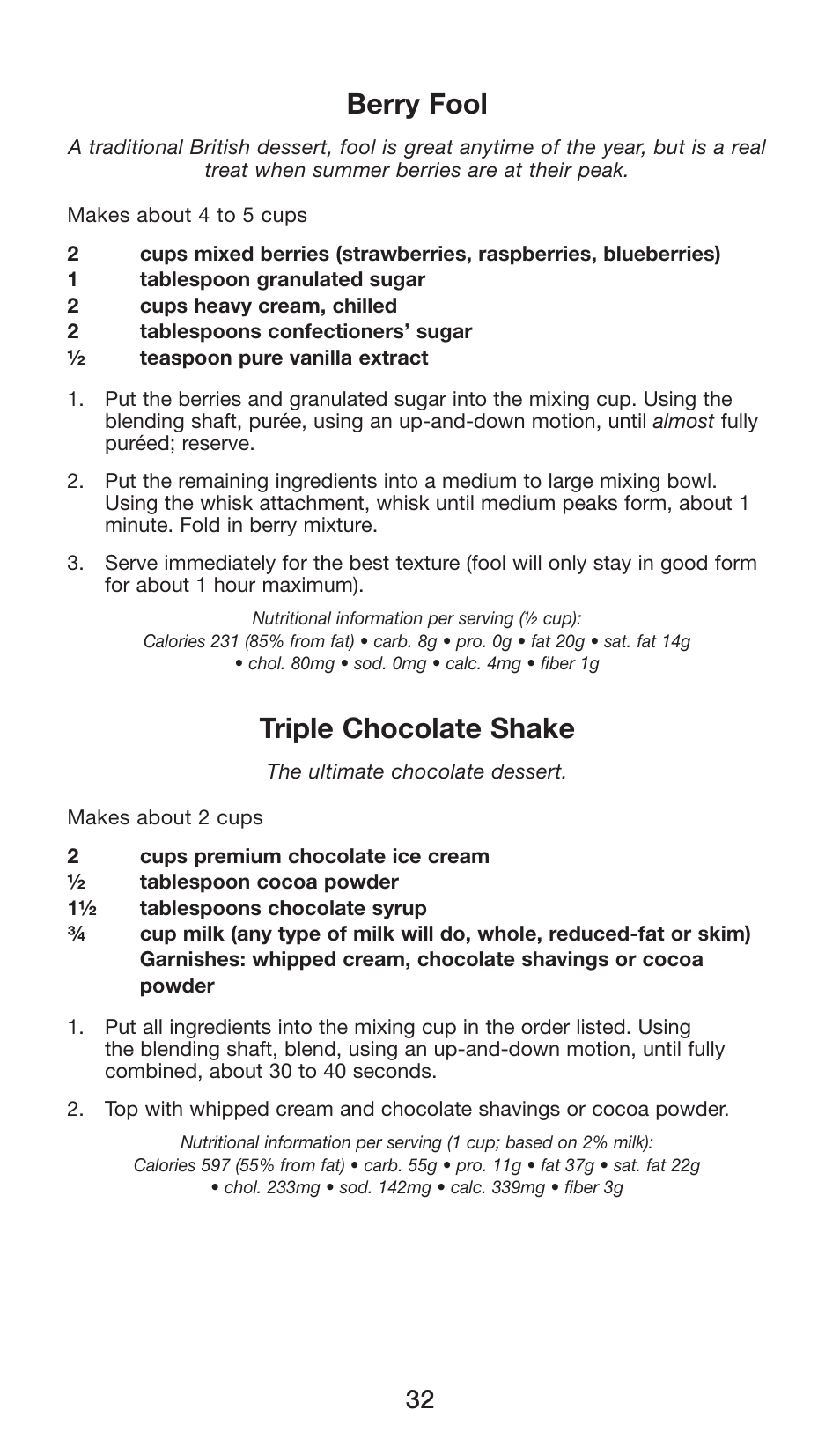 Berry fool, Triple chocolate shake | Cuisinart Smart Stick Power Trio High Torque Hand Blender CSB-80 User Manual | Page 32 / 37