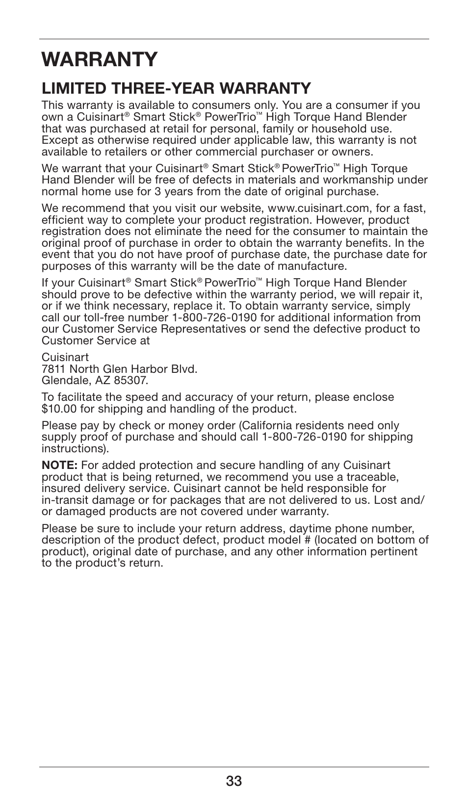 Warranty, Limited three-year warranty | Cuisinart Smart Stick Power Trio High Torque Hand Blender CSB-80 User Manual | Page 33 / 37