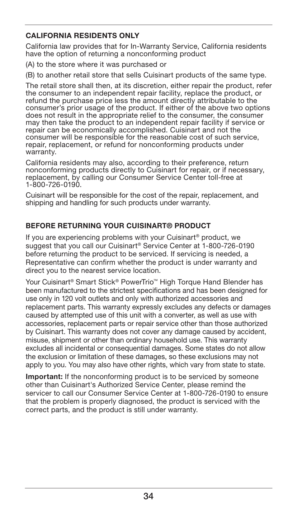 Cuisinart Smart Stick Power Trio High Torque Hand Blender CSB-80 User Manual | Page 34 / 37