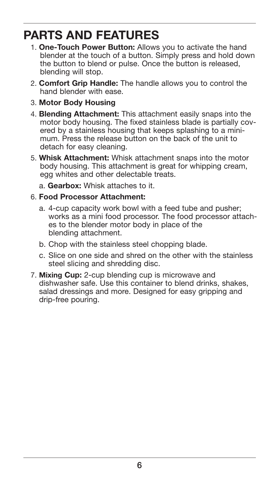 Parts and features | Cuisinart Smart Stick Power Trio High Torque Hand Blender CSB-80 User Manual | Page 6 / 37