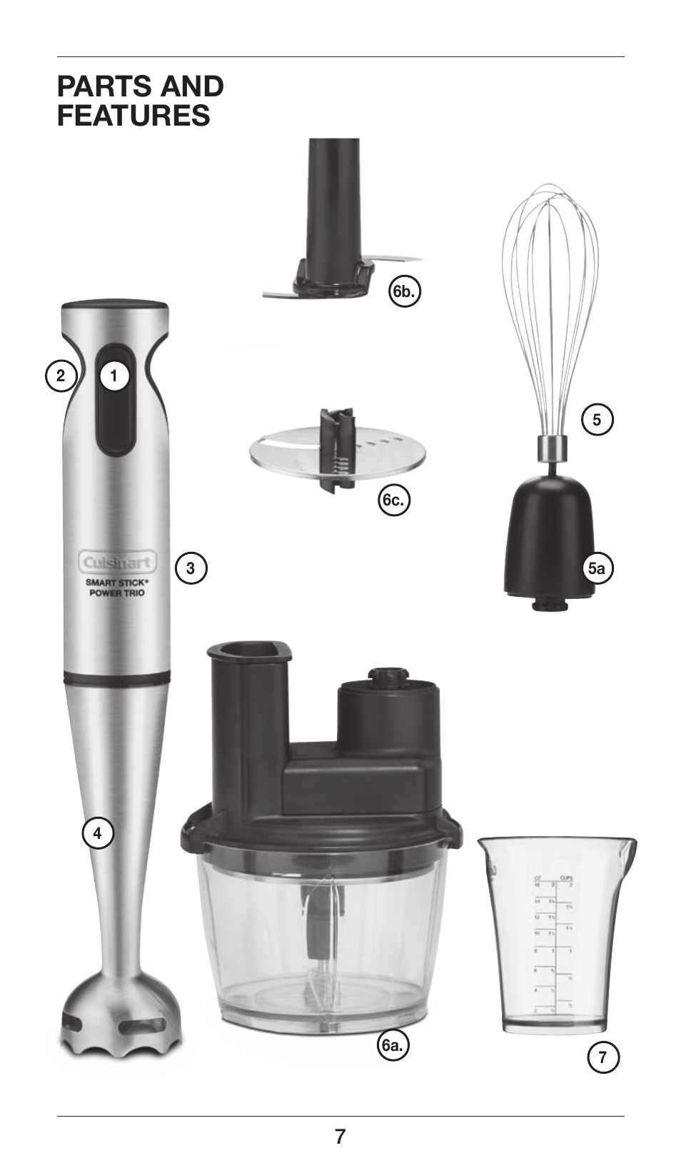 Parts and features | Cuisinart Smart Stick Power Trio High Torque Hand Blender CSB-80 User Manual | Page 7 / 37