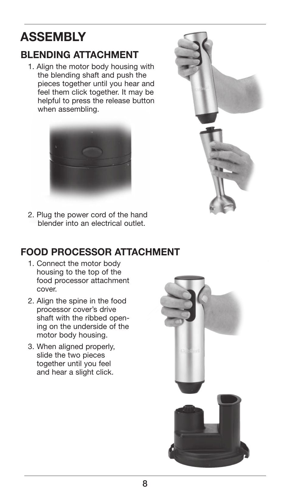 Assembly, Blending attachment, Food processor attachment | Cuisinart Smart Stick Power Trio High Torque Hand Blender CSB-80 User Manual | Page 8 / 37