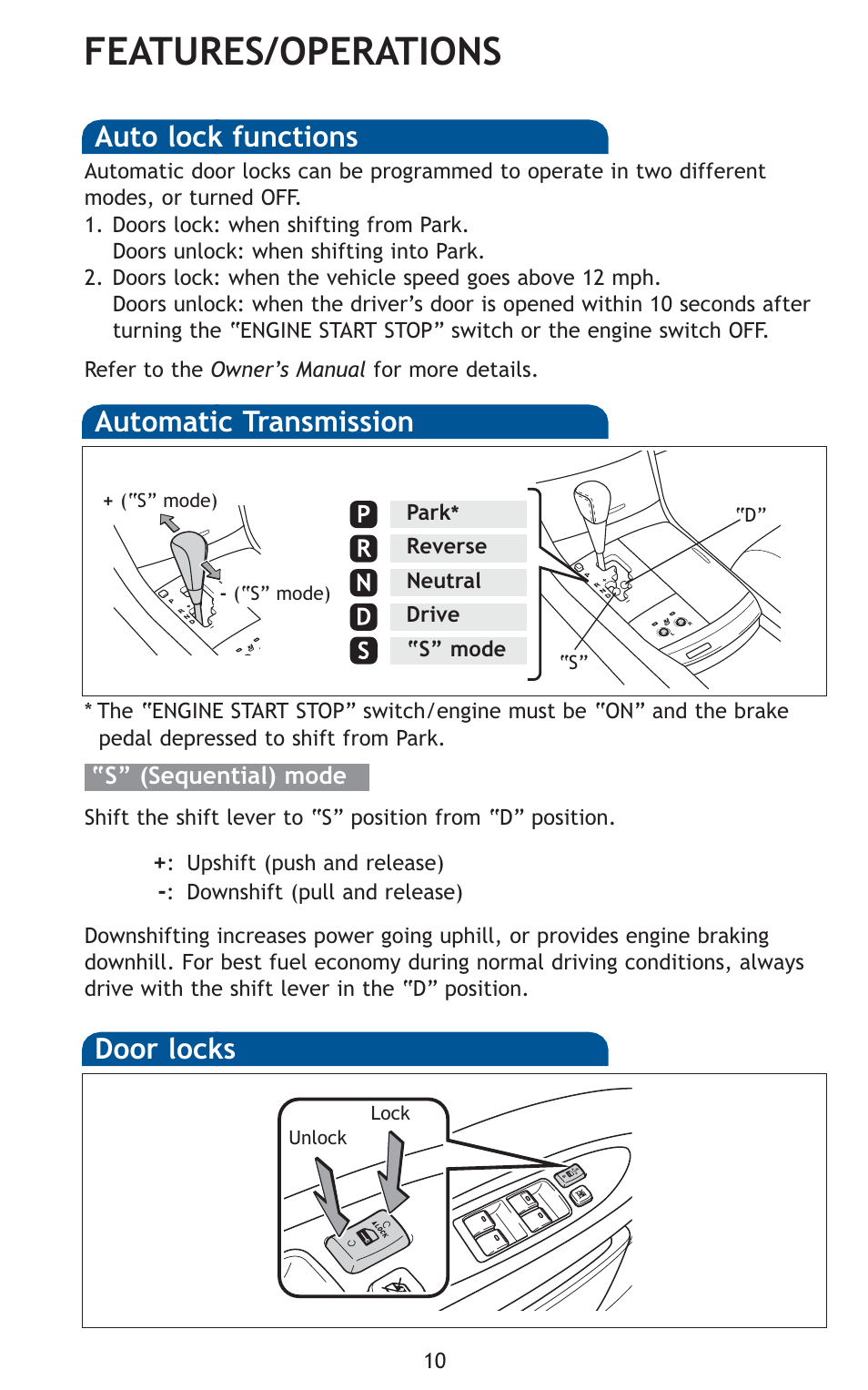 Features/operations, Automatic transmission, Auto lock functions | Door locks | TOYOTA 2011 Avalon User Manual | Page 12 / 583