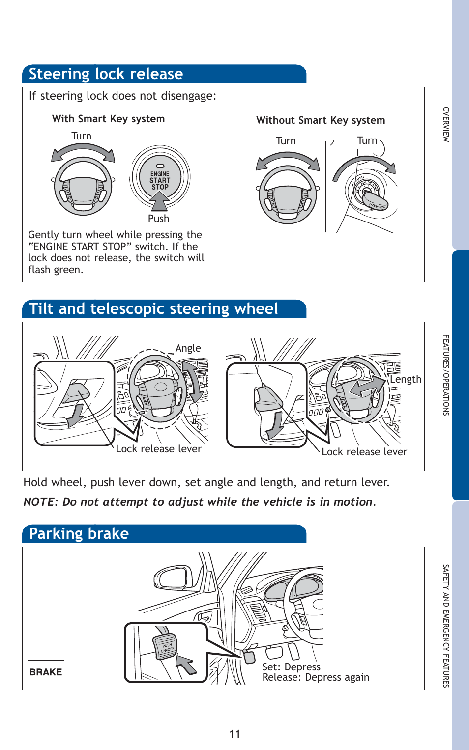 Steering lock release, Parking brake, Tilt and telescopic steering wheel | TOYOTA 2011 Avalon User Manual | Page 13 / 583