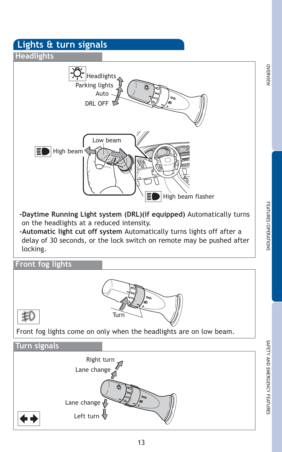 Lights & turn signals, Turn signals headlights, Front fog lights | TOYOTA 2011 Avalon User Manual | Page 15 / 583