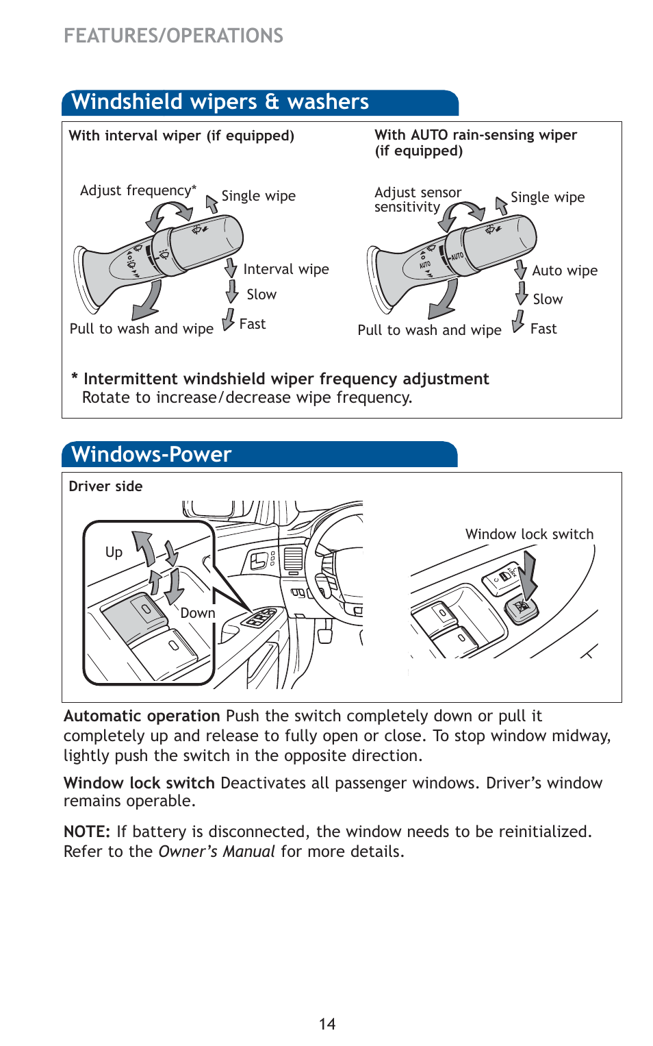 Windows-power, Windshield wipers & washers, Features/operations | TOYOTA 2011 Avalon User Manual | Page 16 / 583