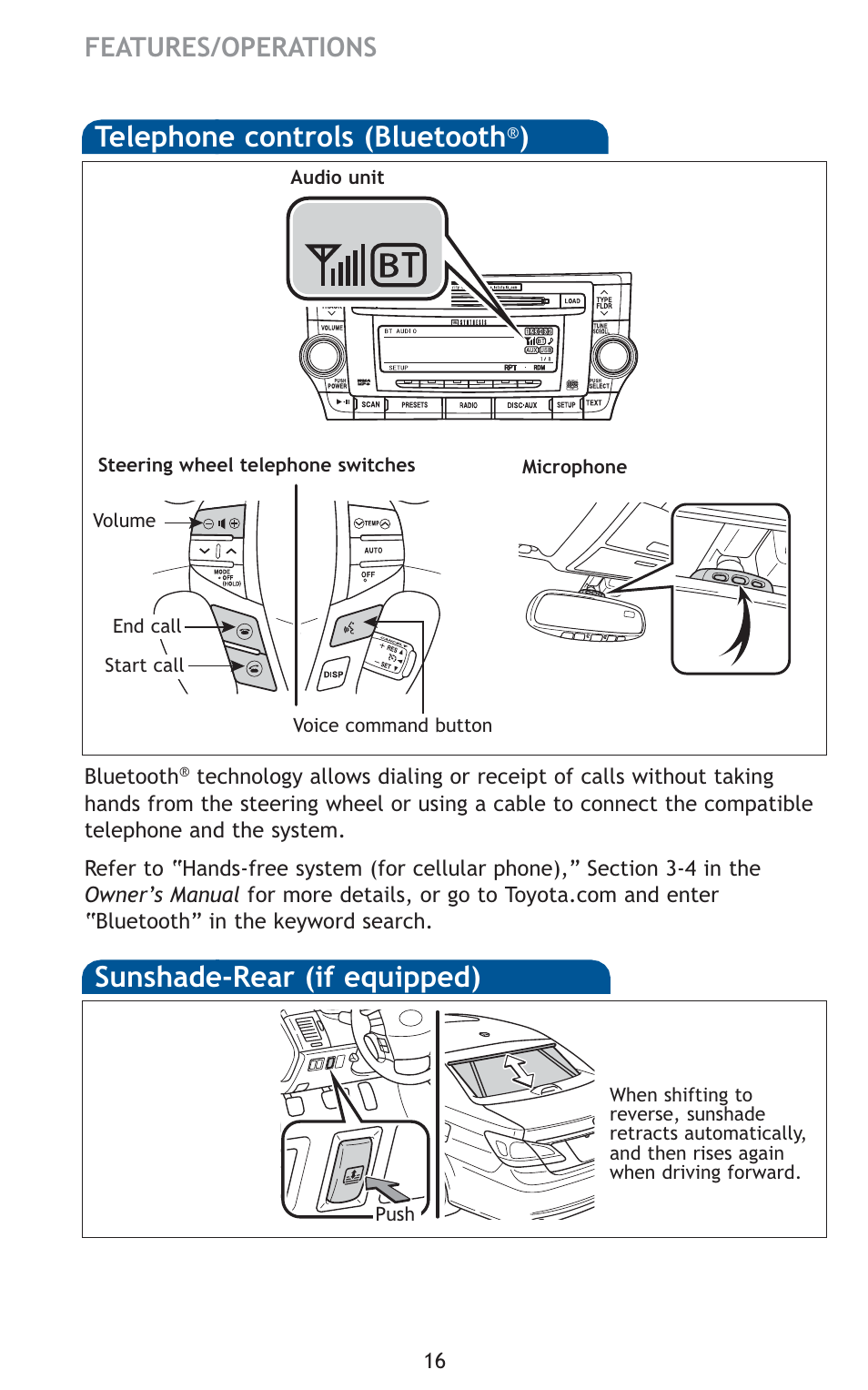 Telephone controls (bluetooth, Sunshade-rear (if equipped) | TOYOTA 2011 Avalon User Manual | Page 18 / 583