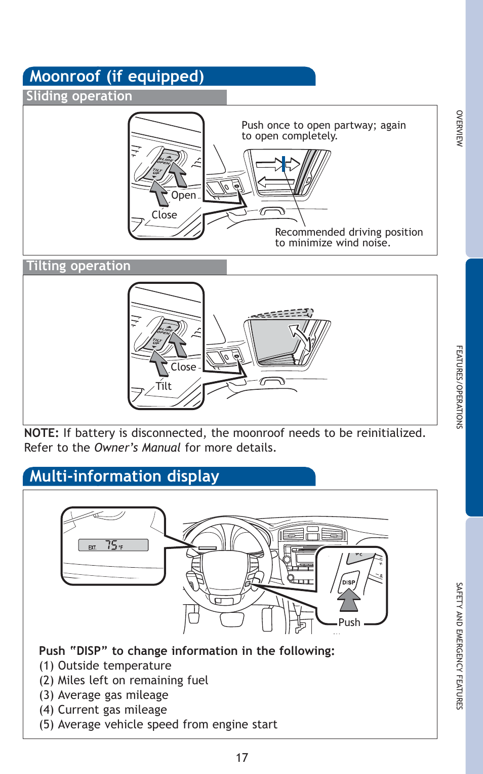 Multi-information display, Moonroof (if equipped), Sliding operation tilting operation | TOYOTA 2011 Avalon User Manual | Page 19 / 583