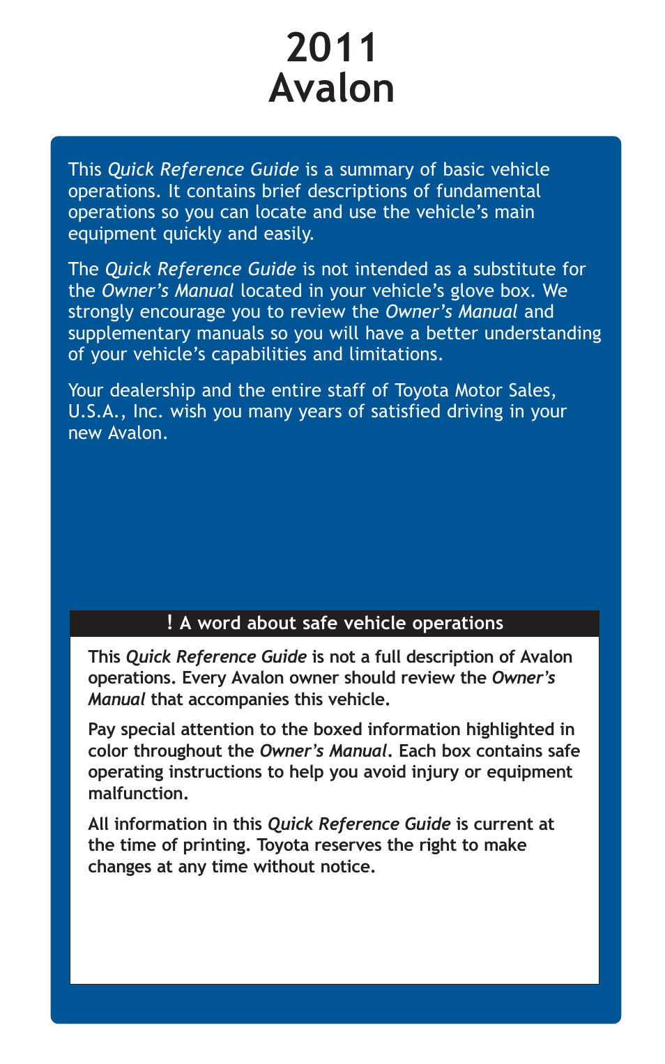 2011 avalon | TOYOTA 2011 Avalon User Manual | Page 2 / 583