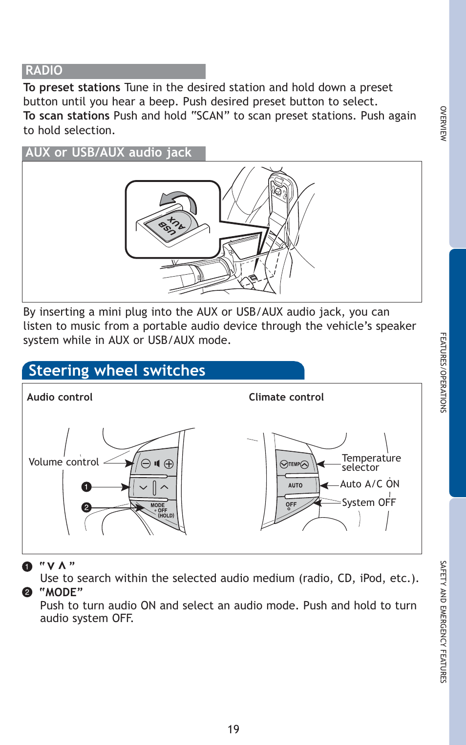 Steering wheel switches | TOYOTA 2011 Avalon User Manual | Page 21 / 583