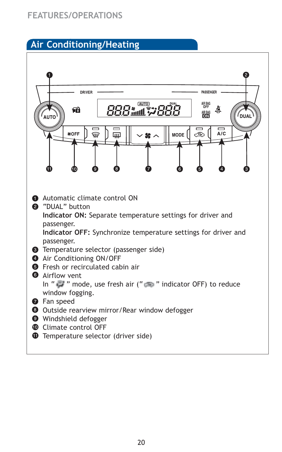 Air conditioning/heating | TOYOTA 2011 Avalon User Manual | Page 22 / 583