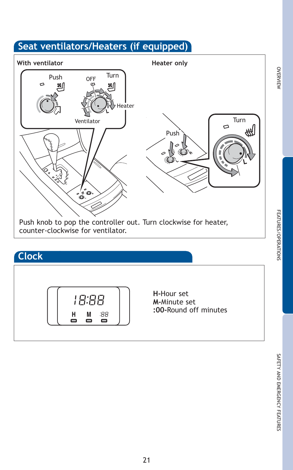 Seat ventilators/heaters (if equipped), Clock | TOYOTA 2011 Avalon User Manual | Page 23 / 583