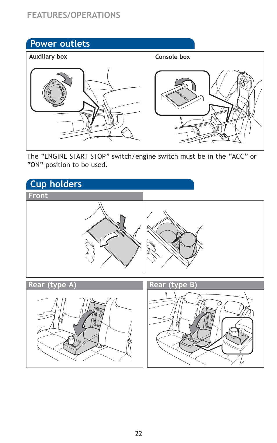 Cup holders, Power outlets | TOYOTA 2011 Avalon User Manual | Page 24 / 583