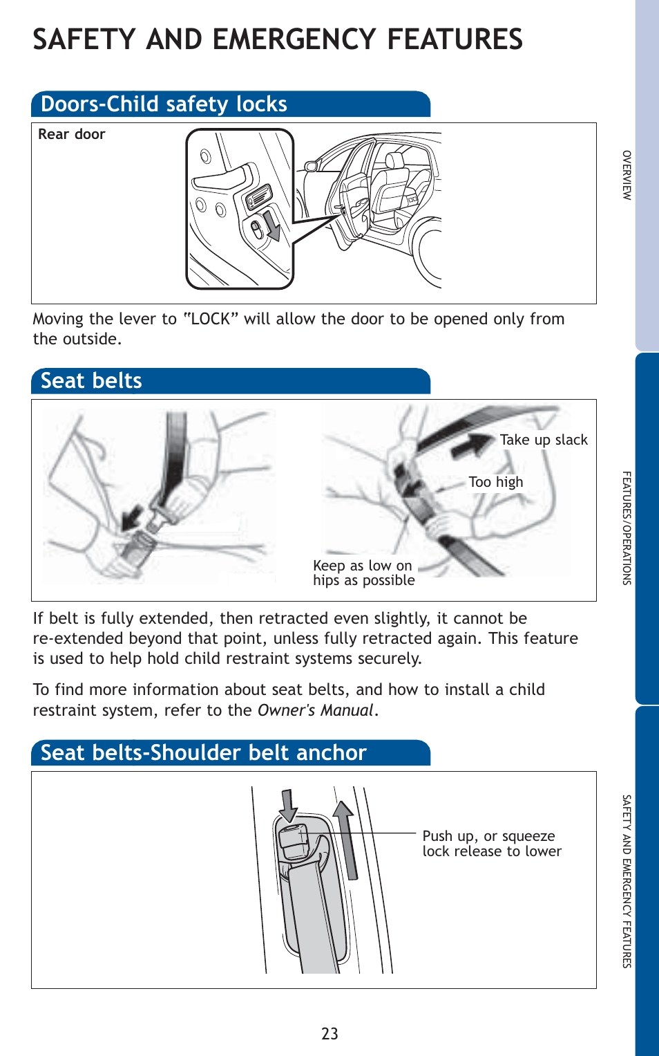 Safety and emergency features, Doors-child safety locks, Seat belts | Seat belts-shoulder belt anchor | TOYOTA 2011 Avalon User Manual | Page 25 / 583