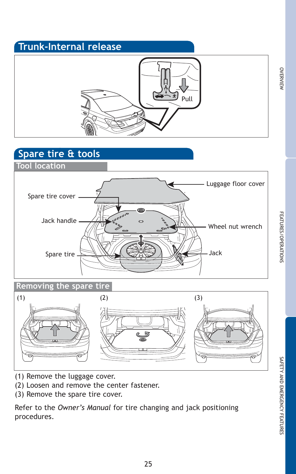 Spare tire & tools, Trunk-internal release, Tool location removing the spare tire | TOYOTA 2011 Avalon User Manual | Page 27 / 583