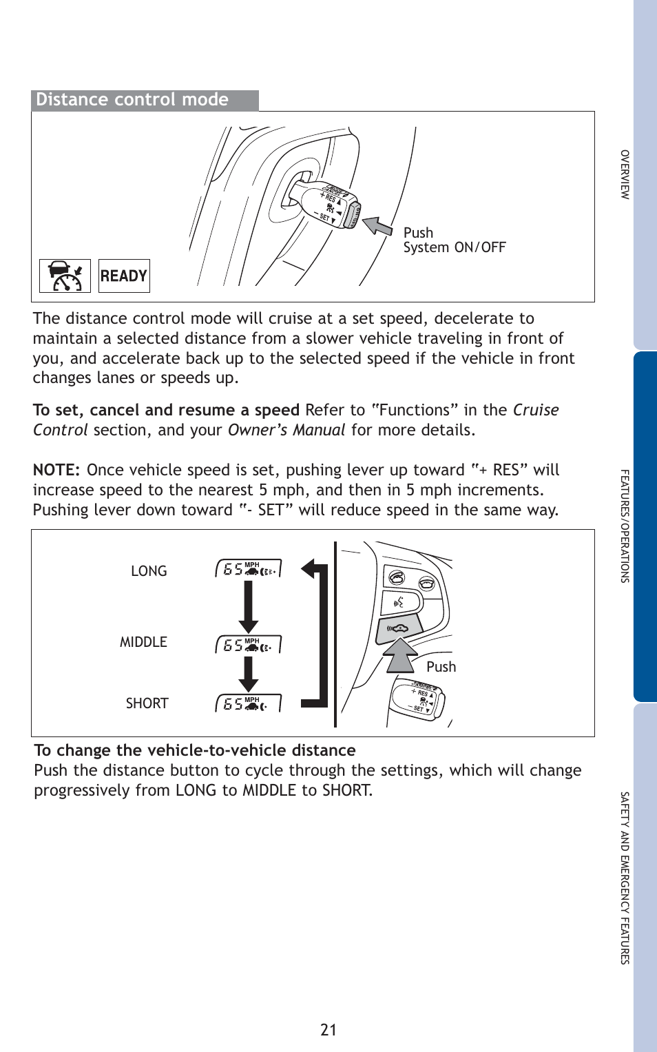 Distance control mode | TOYOTA 2011 Sienna User Manual | Page 23 / 842