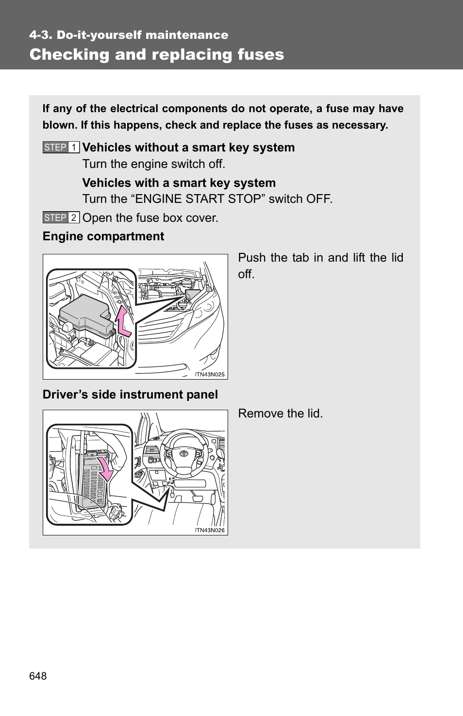 P. 648), P. 648, Checking and replacing fuses | TOYOTA 2011 Sienna User Manual | Page 706 / 842