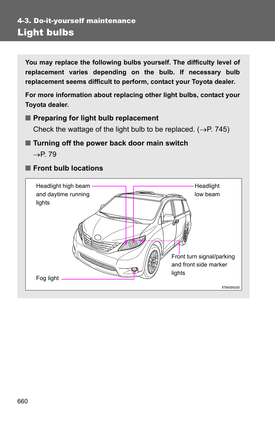 P. 660), Light bulbs | TOYOTA 2011 Sienna User Manual | Page 718 / 842