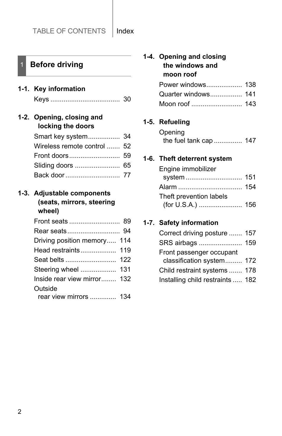 Table of contents index, Before driving | TOYOTA 2011 Sienna User Manual | Page 837 / 842