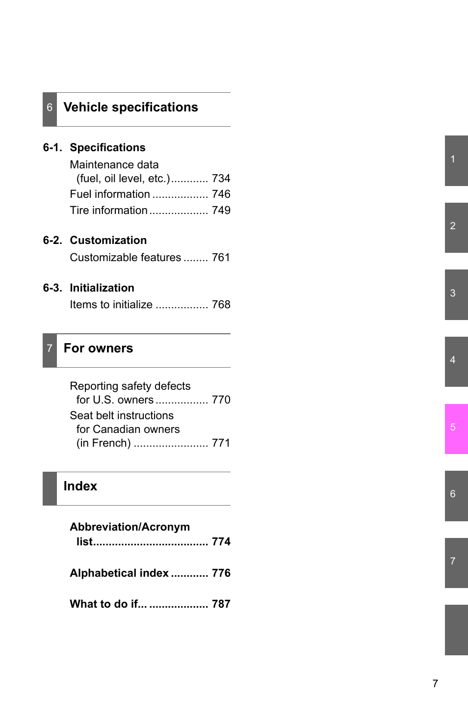 Vehicle specifications, For owners index | TOYOTA 2011 Sienna User Manual | Page 842 / 842