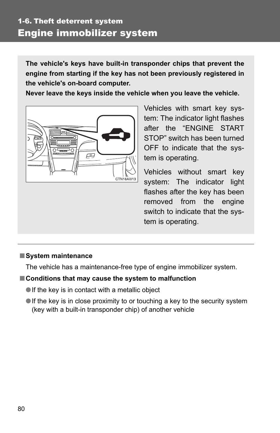 Engine immobilizer system | TOYOTA 2010 Camry User Manual | Page 106 / 555