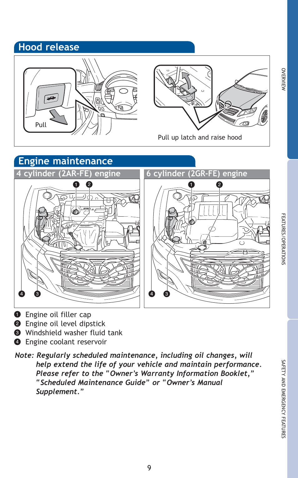 Hood release, Engine maintenance | TOYOTA 2010 Camry User Manual | Page 11 / 555