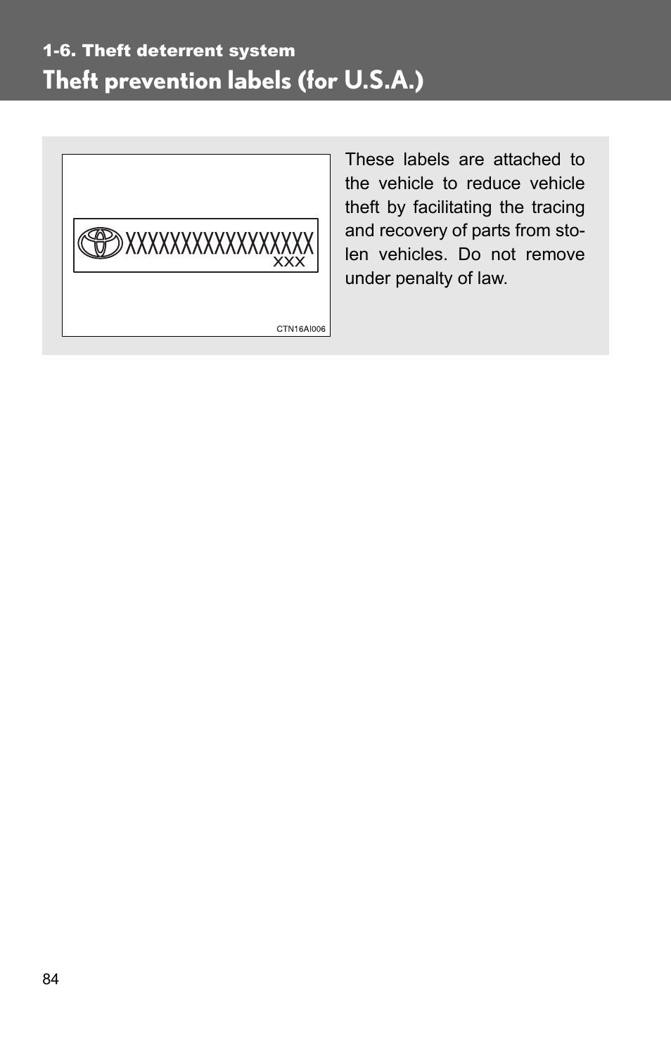 Theft prevention labels (for u.s.a.) | TOYOTA 2010 Camry User Manual | Page 110 / 555