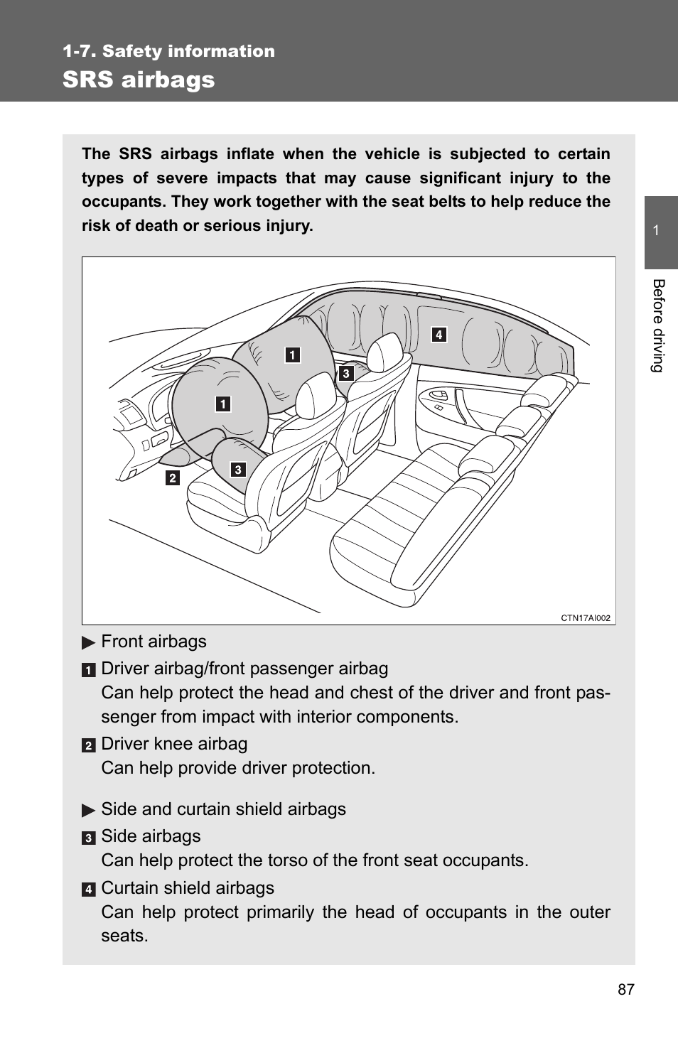Srs airbags | TOYOTA 2010 Camry User Manual | Page 113 / 555