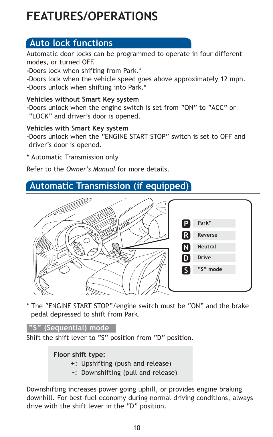 Features/operations, Automatic transmission (if equipped), Auto lock functions | TOYOTA 2010 Camry User Manual | Page 12 / 555