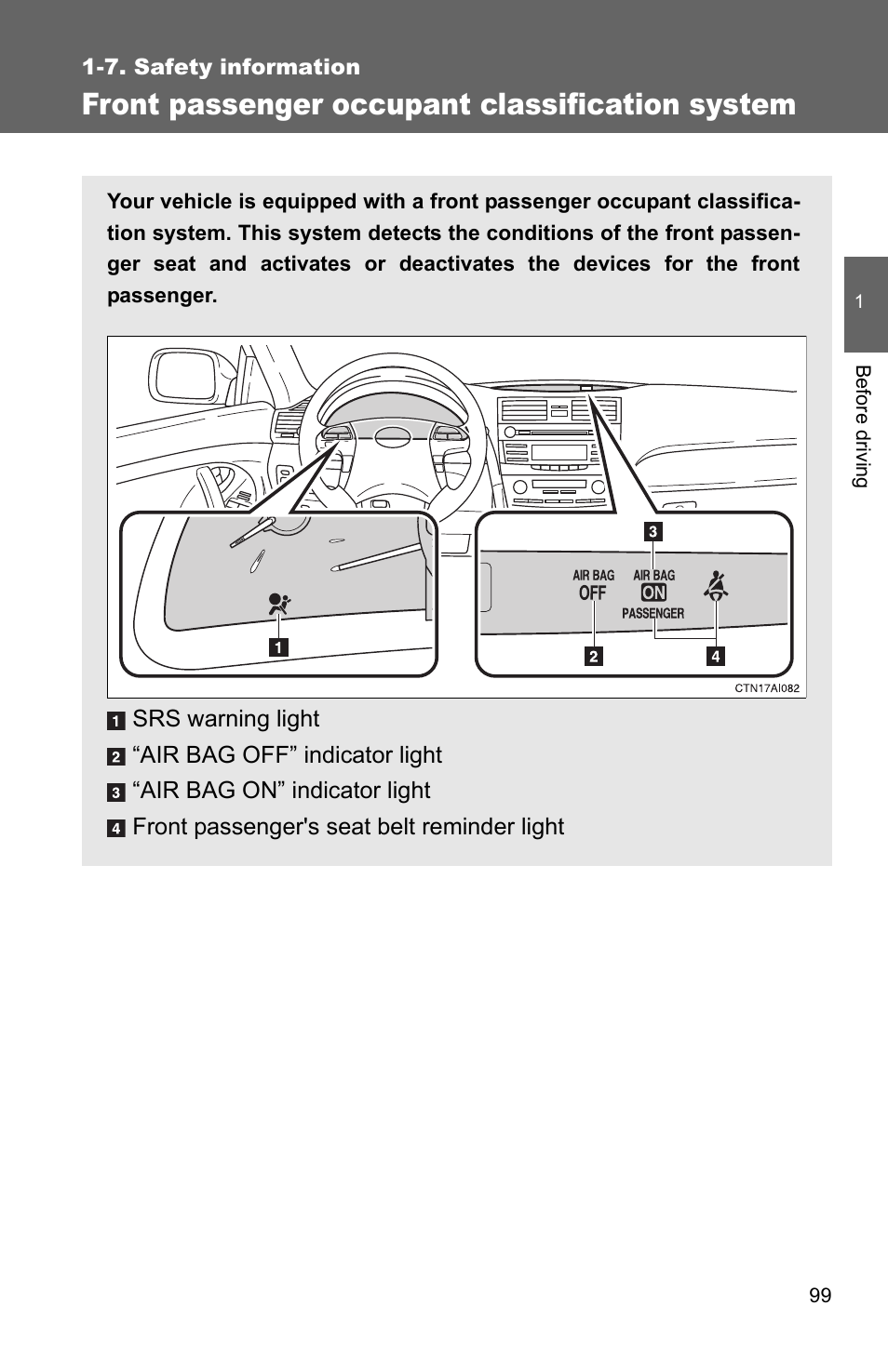 Front passenger occupant classification system | TOYOTA 2010 Camry User Manual | Page 125 / 555