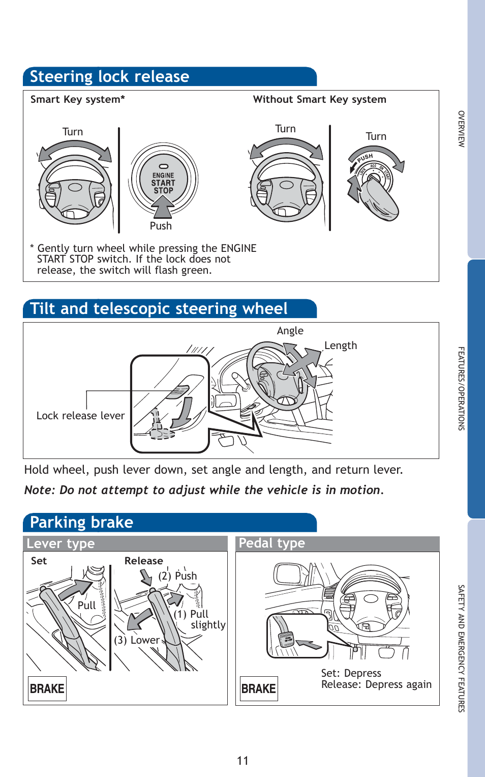 Steering lock release, Parking brake, Tilt and telescopic steering wheel | Lever type pedal type | TOYOTA 2010 Camry User Manual | Page 13 / 555