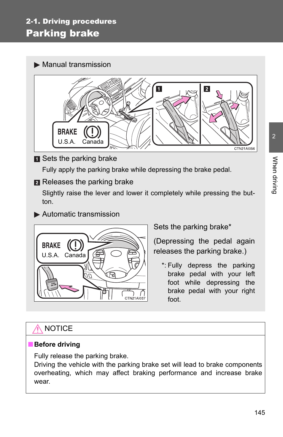 P. 145), Parking brake | TOYOTA 2010 Camry User Manual | Page 170 / 555