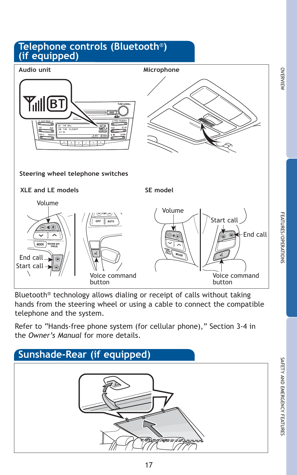 Telephone controls (bluetooth, If equipped), Sunshade-rear (if equipped) | TOYOTA 2010 Camry User Manual | Page 19 / 555