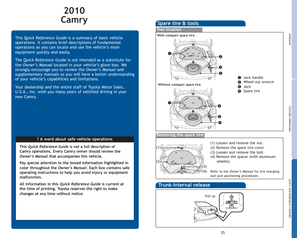 2010 camry, Spare tire & tools, Trunk-internal release | TOYOTA 2010 Camry User Manual | Page 2 / 555