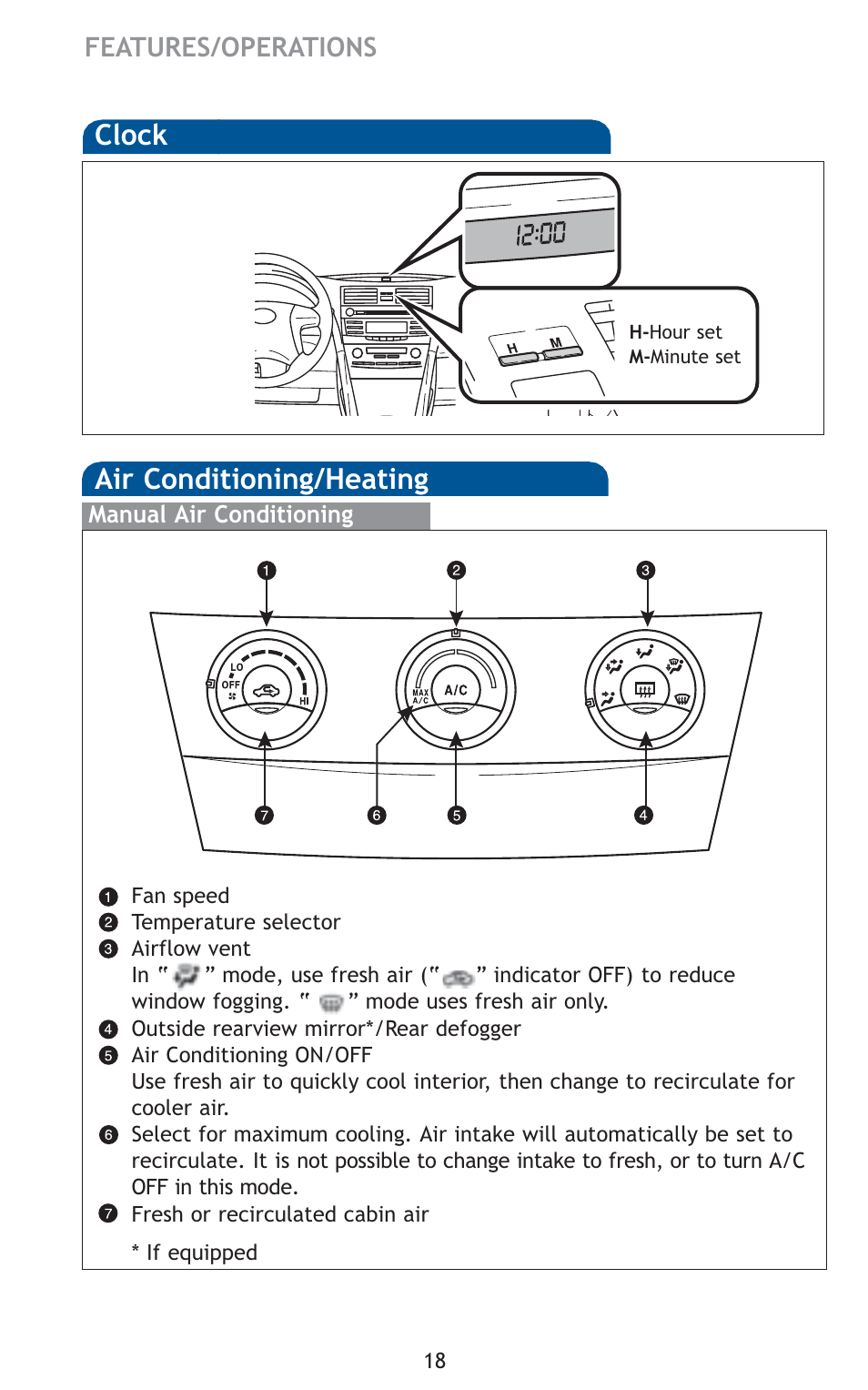 Air conditioning/heating, Clock | TOYOTA 2010 Camry User Manual | Page 20 / 555