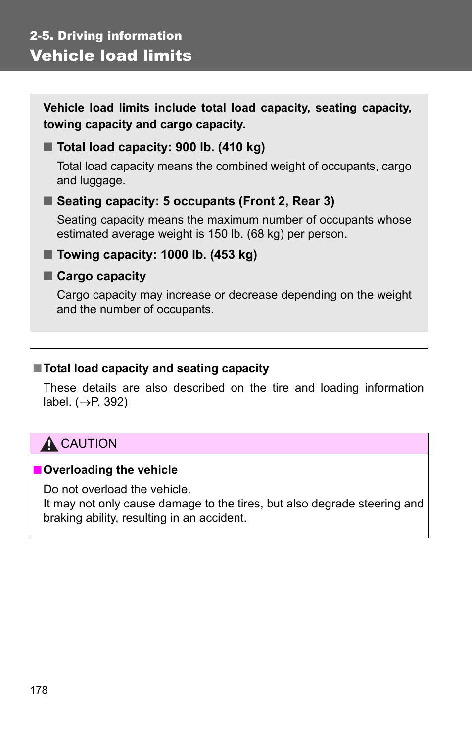 Vehicle load limits | TOYOTA 2010 Camry User Manual | Page 203 / 555