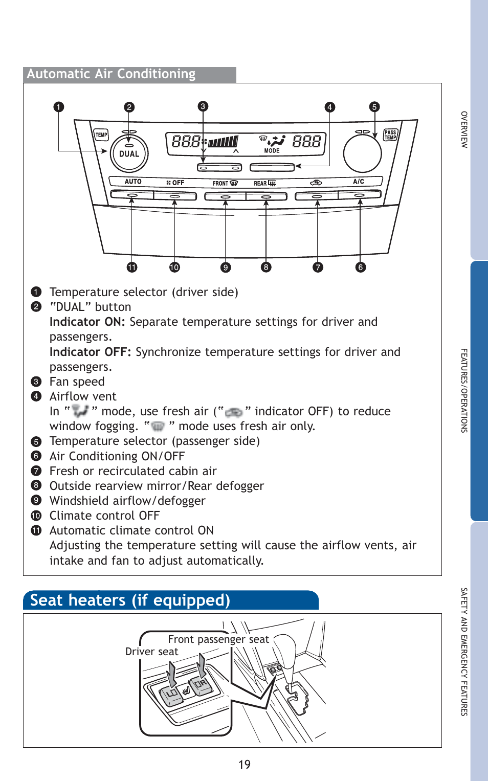 Seat heaters (if equipped), Automatic air conditioning | TOYOTA 2010 Camry User Manual | Page 21 / 555