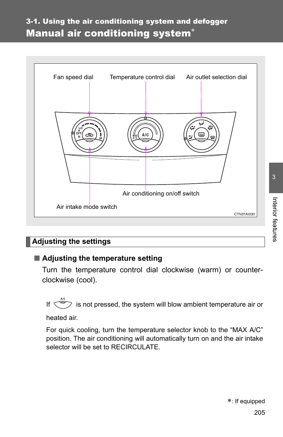 Manual air conditioning system | TOYOTA 2010 Camry User Manual | Page 228 / 555