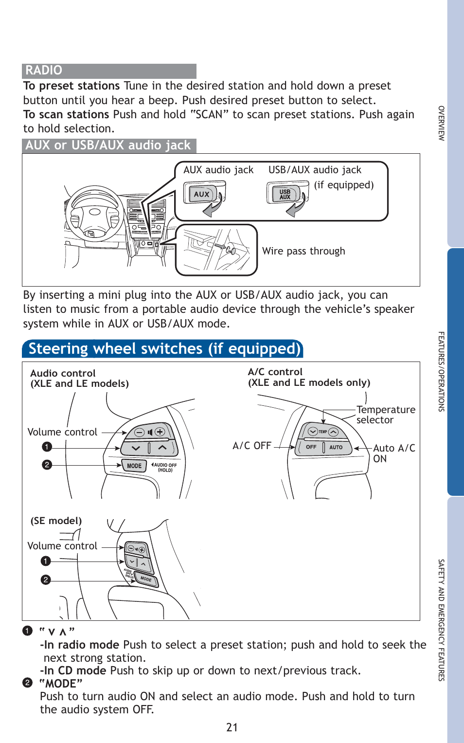 Steering wheel switches (if equipped), Aux or usb/aux audio jack, Radio | TOYOTA 2010 Camry User Manual | Page 23 / 555