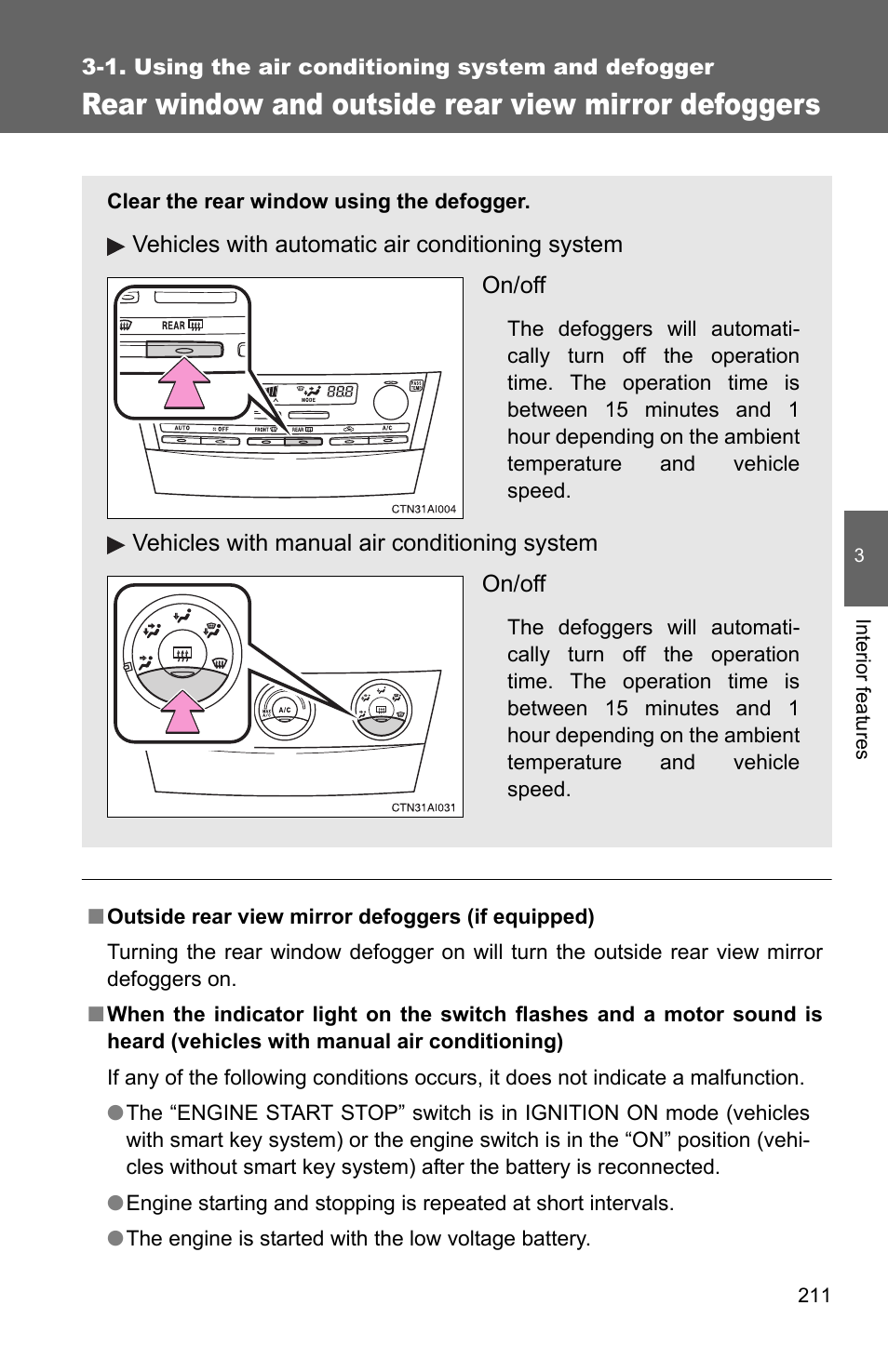 Rear window and outside rear view mirror defoggers | TOYOTA 2010 Camry User Manual | Page 234 / 555