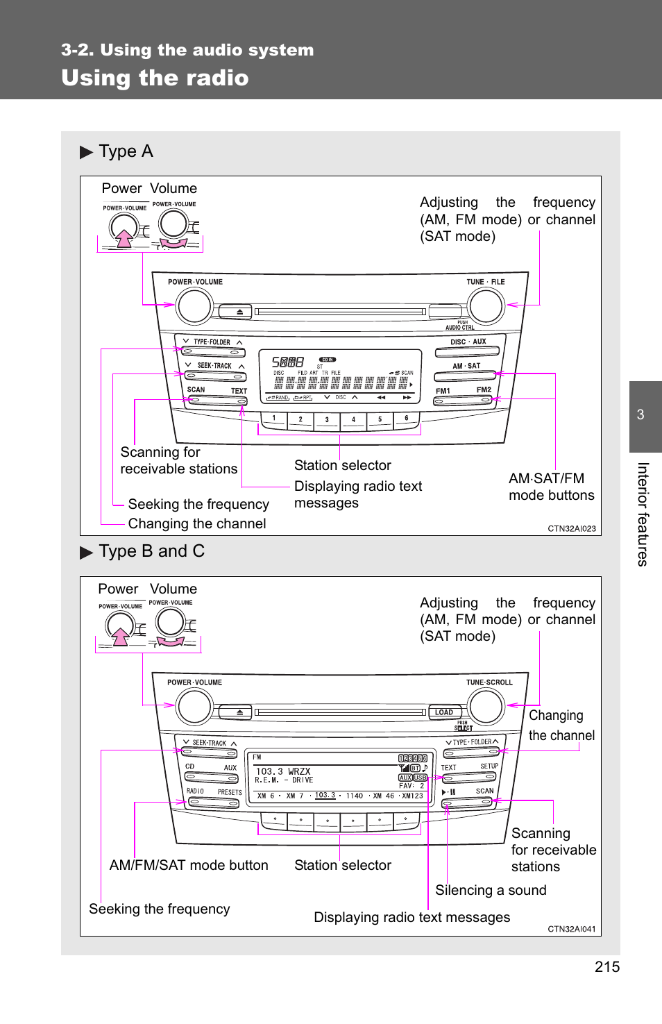 P. 215, Using the radio, Type a type b and c | TOYOTA 2010 Camry User Manual | Page 240 / 555