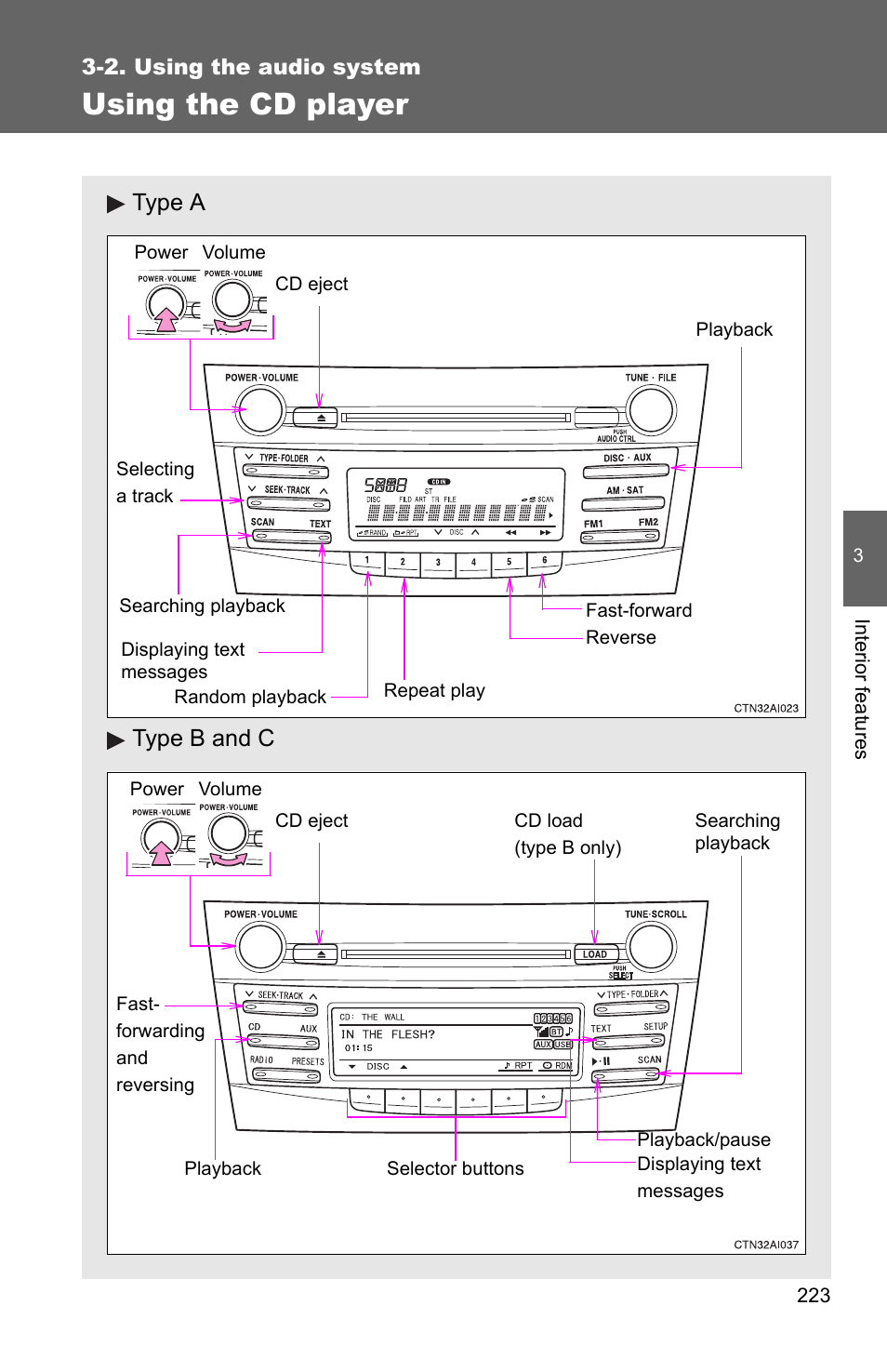 P. 223, Using the cd player, Type a type b and c | TOYOTA 2010 Camry User Manual | Page 248 / 555