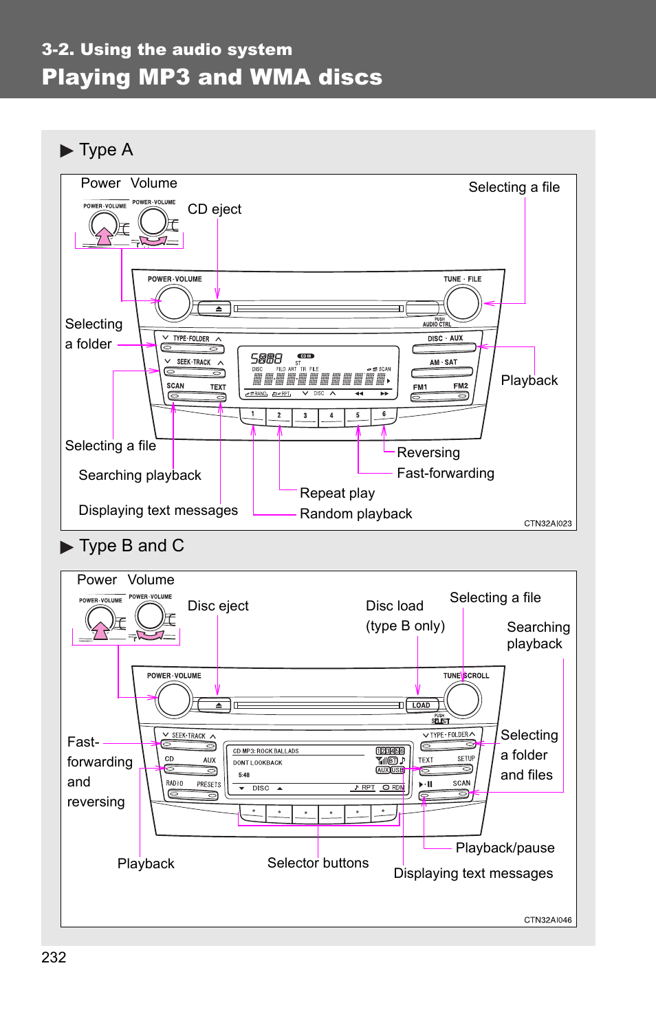 P. 232, Playing mp3 and wma discs, Type a type b and c | TOYOTA 2010 Camry User Manual | Page 257 / 555