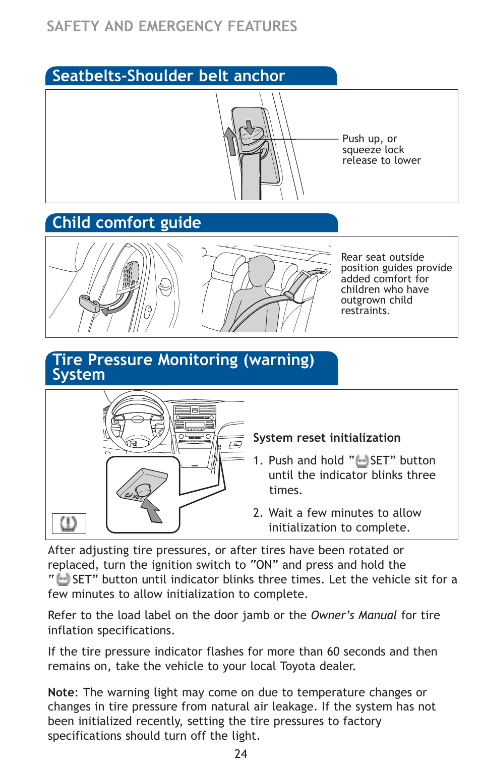 Child comfort guide, Safety and emergency features | TOYOTA 2010 Camry User Manual | Page 26 / 555