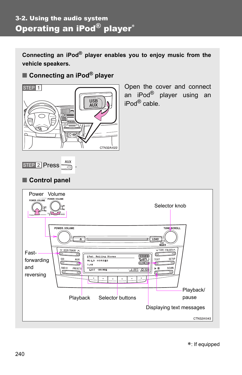 P. 240, Operating an ipod, Player | TOYOTA 2010 Camry User Manual | Page 265 / 555