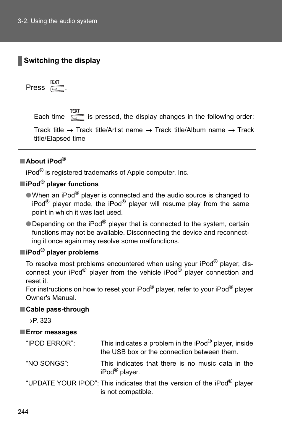 Switching the display press | TOYOTA 2010 Camry User Manual | Page 269 / 555