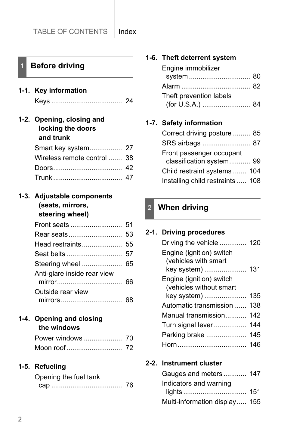 Camry_u_toc, Before driving, When driving | TOYOTA 2010 Camry User Manual | Page 28 / 555